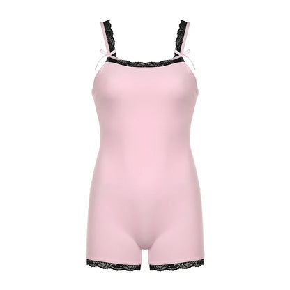 fashion Lace Patchwork 90s Rompers for Women Sexy Slim Bodycon Jumpsuits Cute Korean Clubwear Women's Outfits Overalls