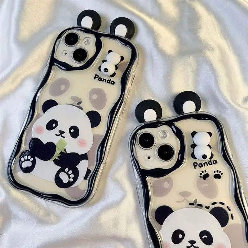 Cute Panda Toy Cartoon Ear Wave TPU Soft Phone Case For IPhone 16 15 12 11 Pro Max 14 Plus 13 Mini X XS XR 7 8 Plus SE Back Capa