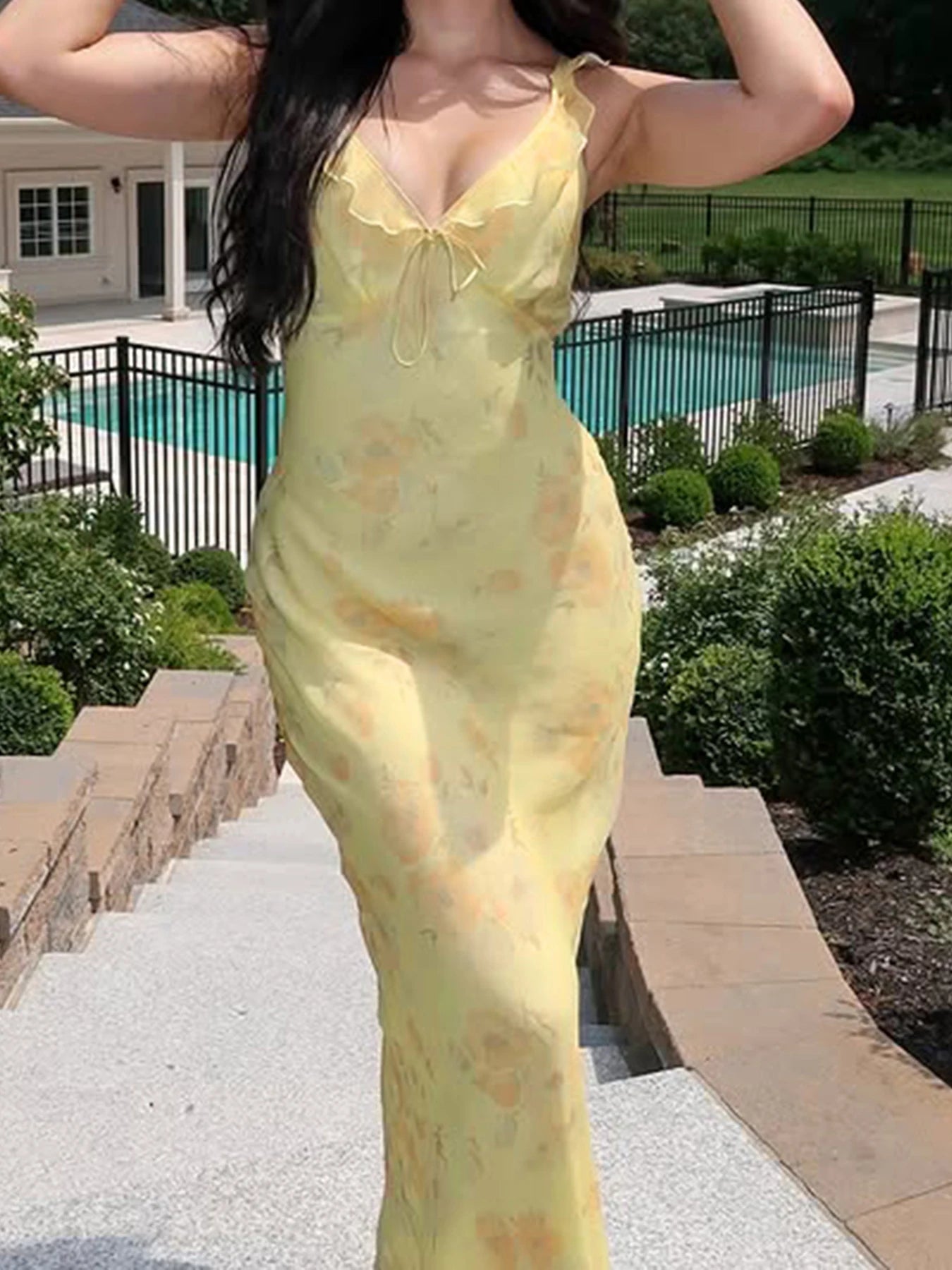 fashion Floral Print Ruffles Dresses Sexy Printed Fish Tail Party Dress Summer Chic Harajuku Vacation Long Outfits