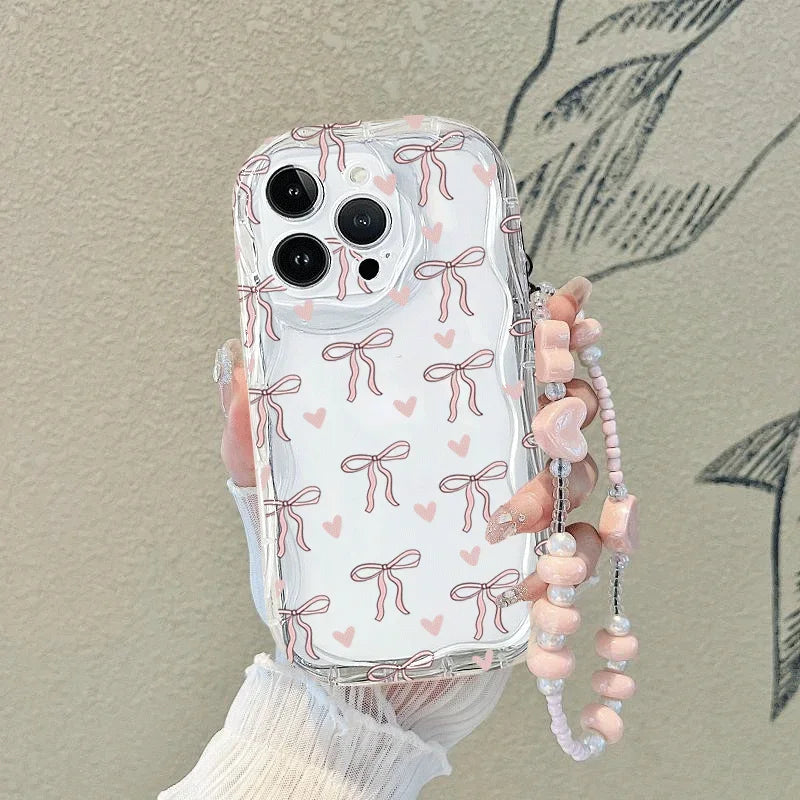 Cute Bow Chain Hanging Rope Case For Xiaomi Redmi Note 14 12 13 Pro Plus 12S 11 10S 11S 10 Redmi A5 13C 14C 12C A3 Wavy Fundas