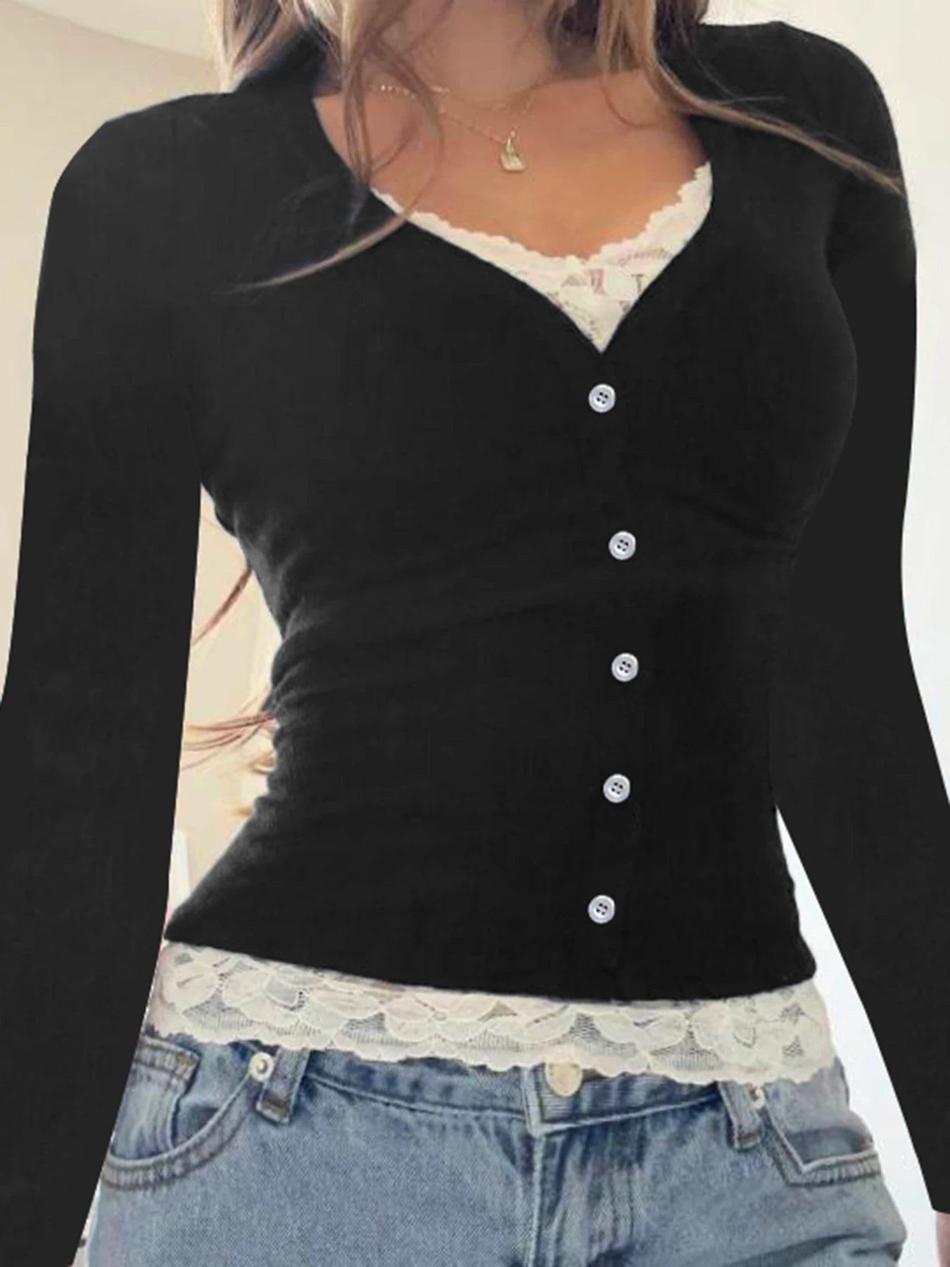 fashionColor Contrast Lace Patchwork Fake Two Pieces Tops Button Slim Casual Streetwear Clothes Basic Bodycon 90s Outfits