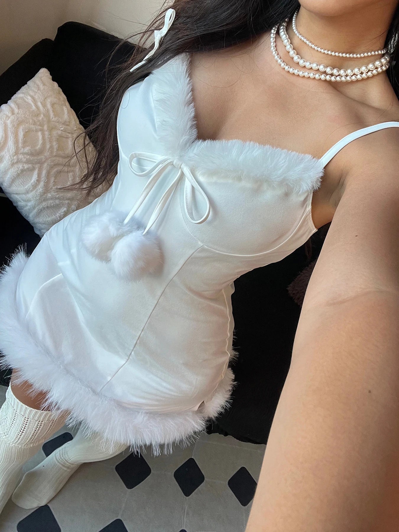 fashion Solid Strap Sleeveless Dress A-Line Hotsweet Sexy White Clubwear Mini Outfits V-Neck Lace-up Hairball Basic Dress