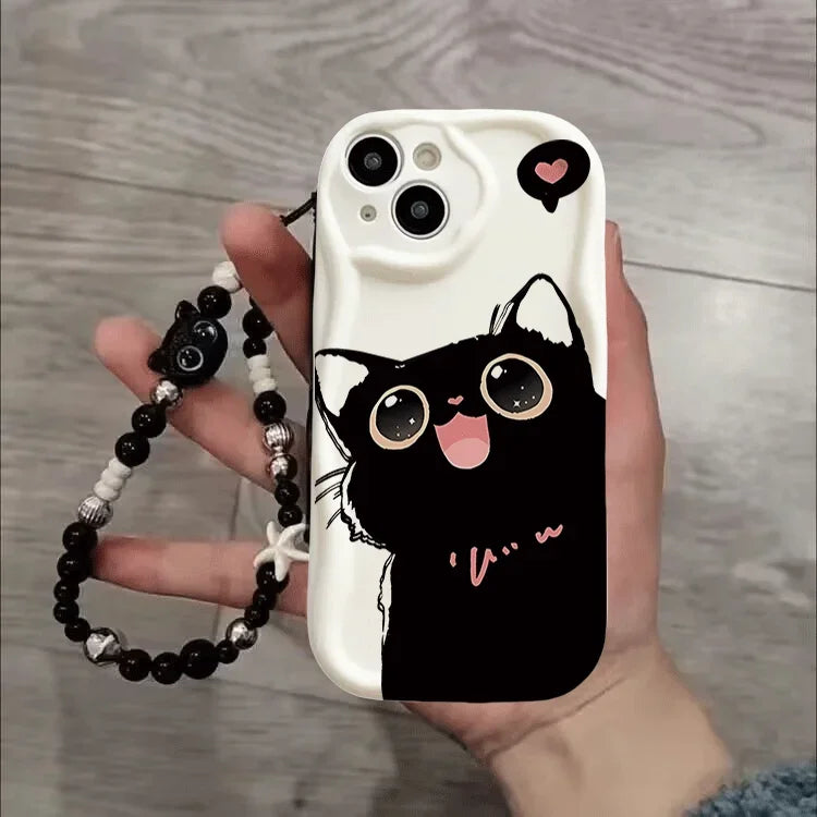 Phone Case For Google Pixel 10 7 8 9 Pro XL 8A  Silicone Wavy Edge Cute Black Cat With Wrist Strap Lanyard Chain Hot Cover Shell