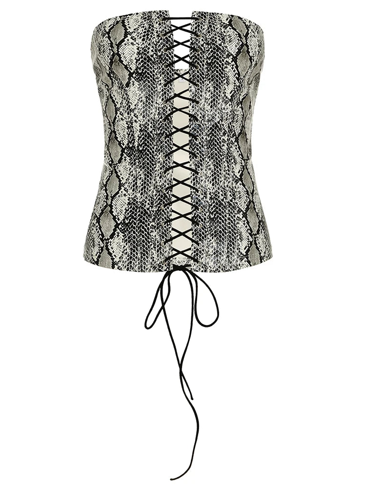 fashion Off Shoulder Sexy Snake Print Tube Tops Lace-up Y2K Vintage 90s  Bustiers Clubwear Basic Backless Women's Outfits