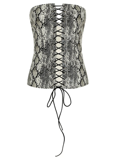 fashion Off Shoulder Sexy Snake Print Tube Tops Lace-up Y2K Vintage 90s  Bustiers Clubwear Basic Backless Women's Outfits