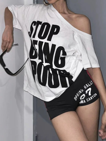 fashionLetter Print Skew Collar T-shirt Slim Short Sleeved Summer Streetwear Loose Tee Elastic Vintage 90s Casual Tops