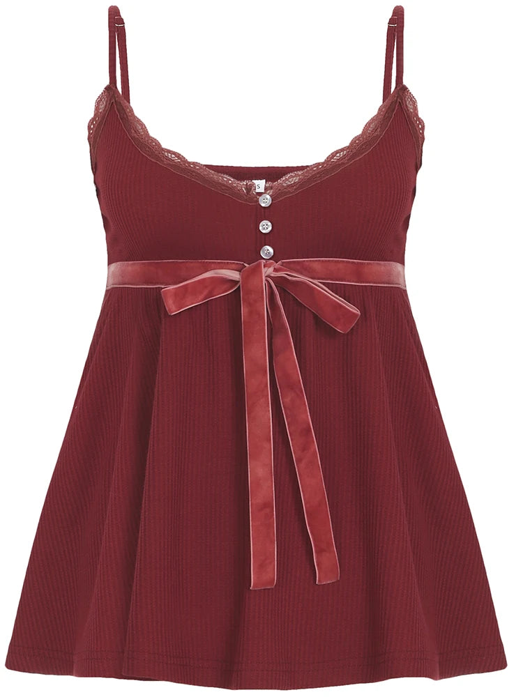 fashionSweet Bow Lace Camisoles Vintage Harajuku Chic Backless Red Tops Y2K Aesthetic Sleeveless Buttons Women's Outfits