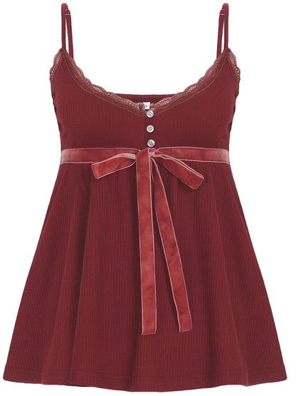 fashionSweet Bow Lace Camisoles Vintage Harajuku Chic Backless Red Tops Y2K Aesthetic Sleeveless Buttons Women's Outfits