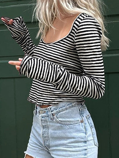 fashionStripe All-match Basic Slim Tshirt Vintage Streetwear Korean Casual Fashion Clothings Elastic Cropped Elegant Tops