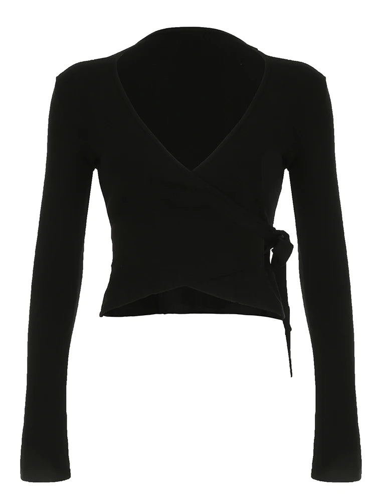 fashionBasic Solid Slim Lace-up Tee Shirts Long Sleeves V-neck Casual Chic Clothes Sporty Streetwear Four Color Knit Tops