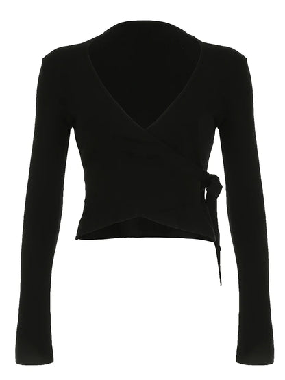 fashionBasic Solid Slim Lace-up Tee Shirts Long Sleeves V-neck Casual Chic Clothes Sporty Streetwear Four Color Knit Tops
