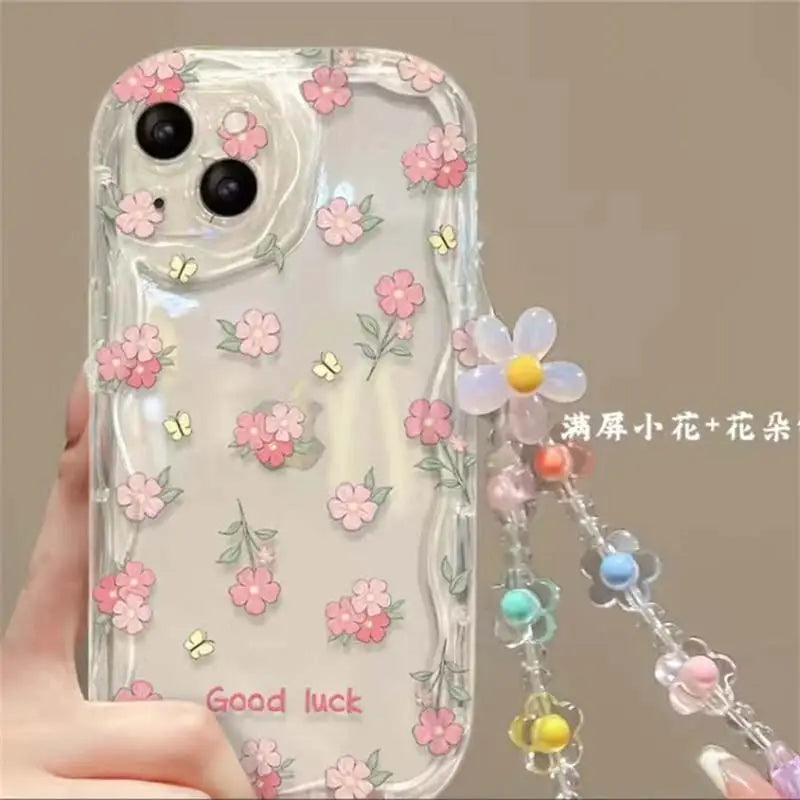 3D Flower Chain Lanyard Phone Case For Redmi Note 13 Pro Plus 5G 13C 4G Soft Wavy Edge Oil Painting Flowers Protective Cover