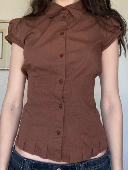 fashion Button Fold Solid Shirring T-shirt Casual Streetwear Vintage Chic Short Sleeved Summer Tees Brown 90s Slim Blouses