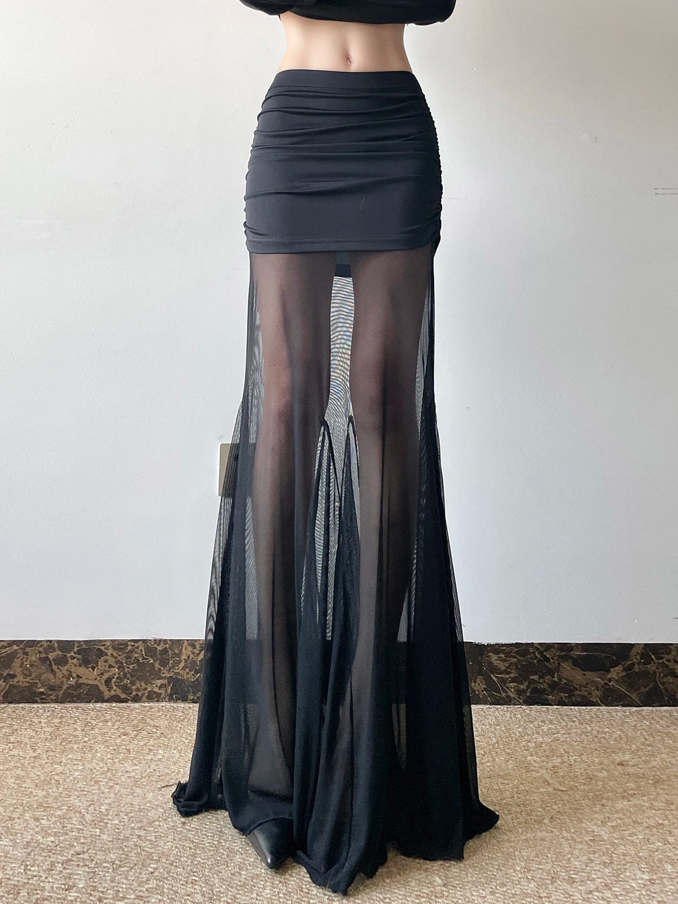 fashion Vintage Sexy Solid Mesh Skirts Low Waisted   Aesthetic Korean Outfits Clubwear Long Black Knitted Women's Bottom