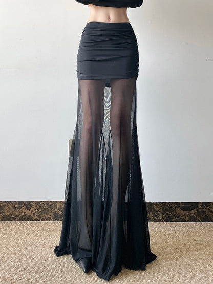 fashion Vintage Sexy Solid Mesh Skirts Low Waisted   Aesthetic Korean Outfits Clubwear Long Black Knitted Women's Bottom