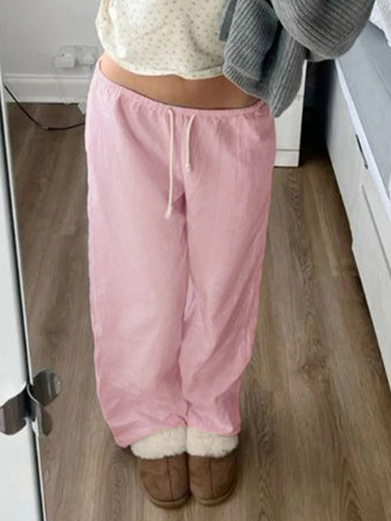 fashionCasual Solid All-match Drawstring Pants Chic Streetwear Korea Slim Straight Sweet Trousers Pink Basic Y2k Bottoms