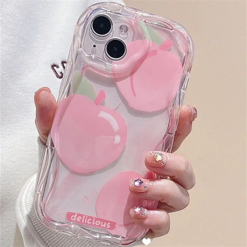 Flower Love Heart Cherry Phone Case For IPhone 16 15 Pro Max 14 11 13 12 Mini XR 8 7 Plus X XS SE 2020 2022 Soft Wavy Edge Cover