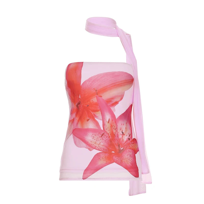 fashionFloral Print Halter Elastic Bustiers Sexy Slim Backless Summer Sleeveless Basic Clothings Vintage Retro Outfits