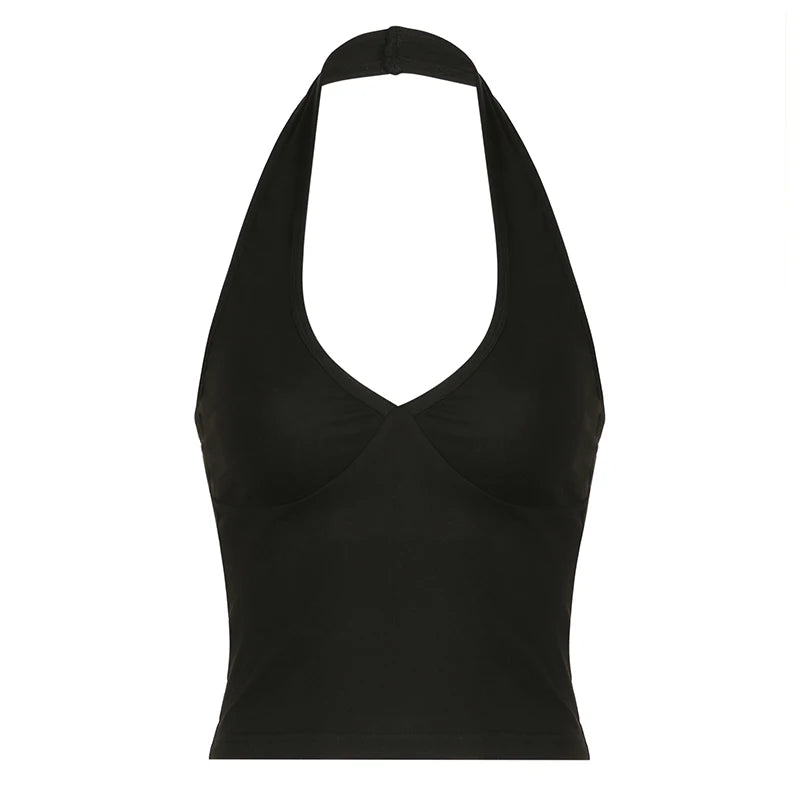 fashion Solid Black Sexy Halter Camisole Backless Slim Women's Cropped Vests Party Y2K Deep v-neck Clubwear Bustiers Chic