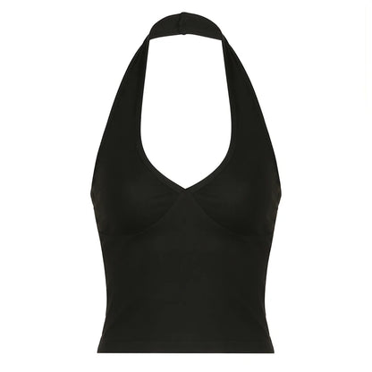 fashion Solid Black Sexy Halter Camisole Backless Slim Women's Cropped Vests Party Y2K Deep v-neck Clubwear Bustiers Chic