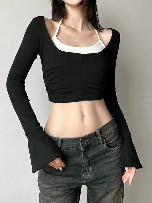 fashion Flare Sleeve Color Contrast Two-piece Top Set Halter Crop Casual Streetwear 90s Vinatge Suit Hottie Basic Twinset