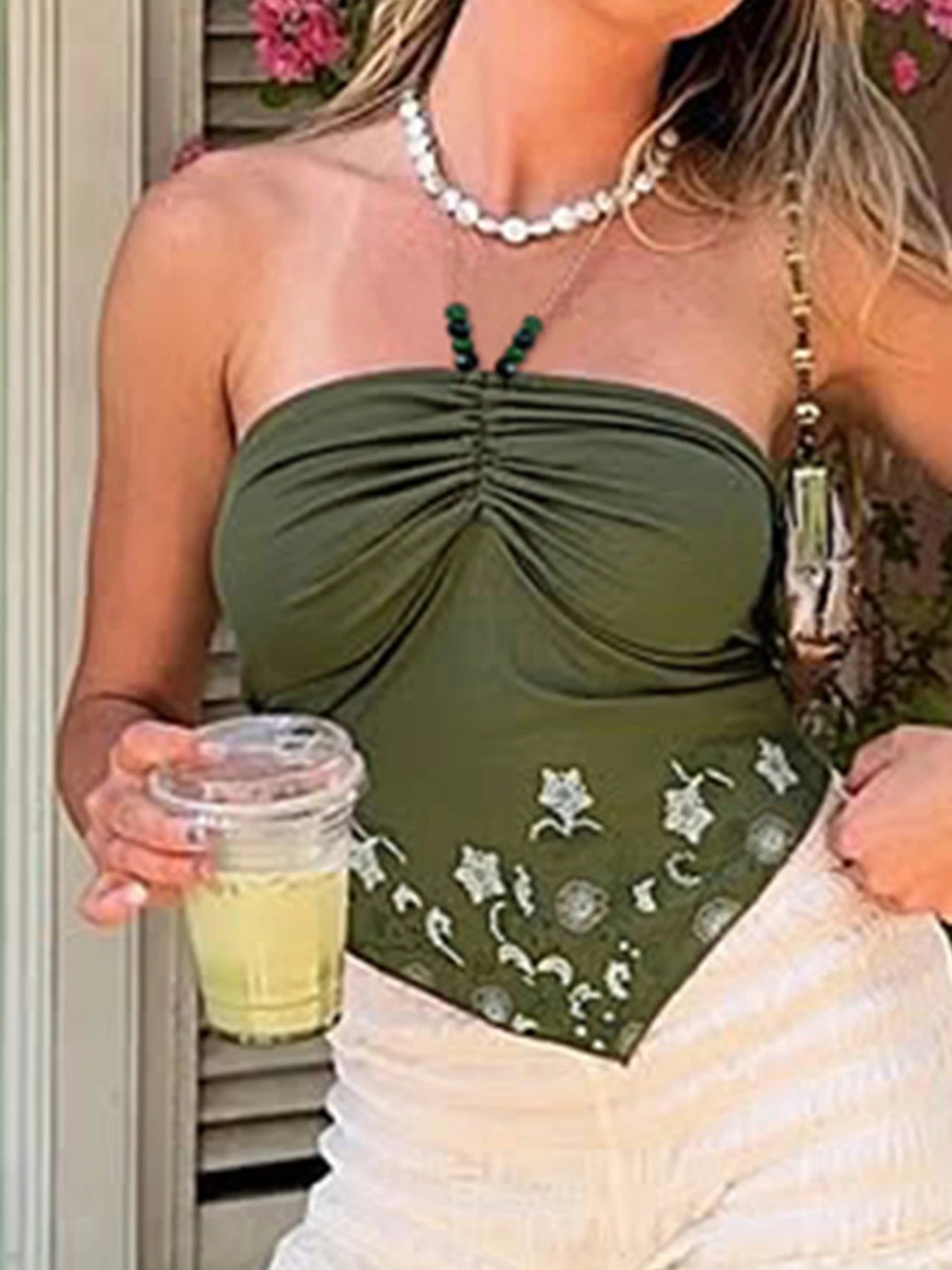 fashionRetro Floral Print Beads Sexy Camisole Vintage Streetwear Slim Backless Elastic Top Irregular Shirring Bustier