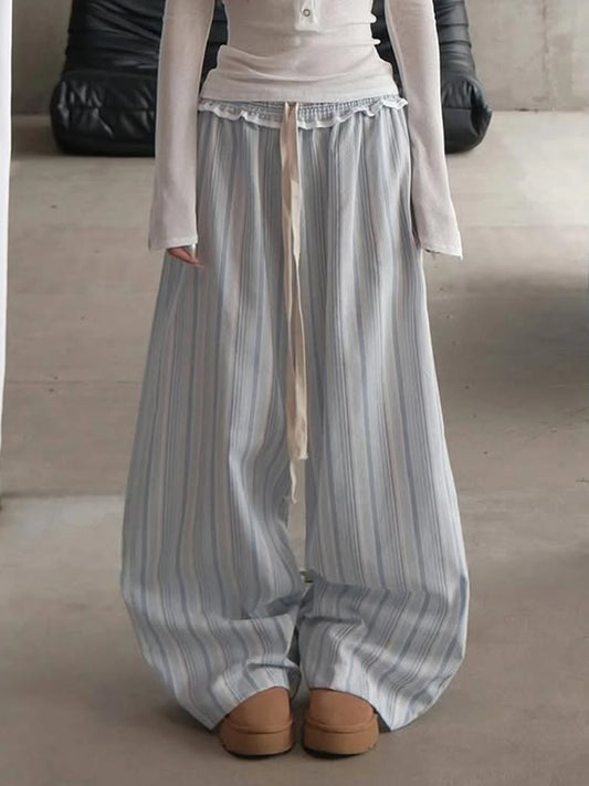 fashion Stringy Selvedge Stripe Casual Pants Drawstring Basic All-match Vintage Blue Chic Trousers Vacation Loose Bottoms