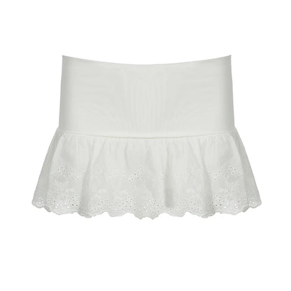 fashionSolid Hollow Out Embroidery Short Skirt Slim All-match Casual Streetwear Sweet Outfits Patchwork Vintage Bottoms