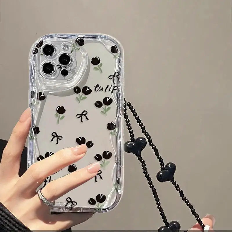 3D Flower Chain Lanyard Phone Case For Redmi Note 13 Pro Plus 5G 13C 4G Soft Wavy Edge Oil Painting Flowers Protective Cover