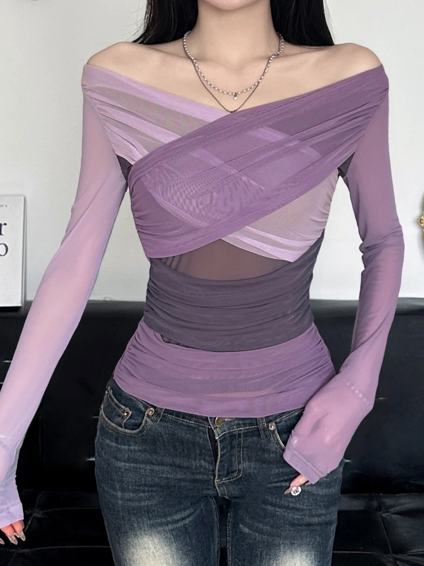 fashion Patchwork Asymmetry Slim Tee Shirts Long Sleeves V-neck Aesthetic Fashion Clothes Vintage Solid Women's Streetwear