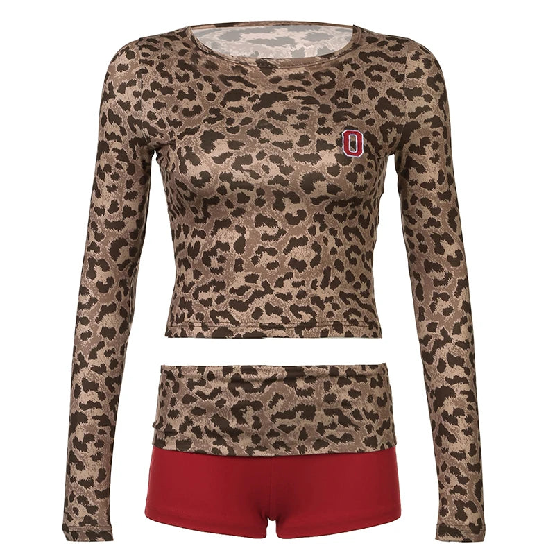 fashion Crewneck Y2K Vintage Two Pieces of Sets Leopard Print Tee Shirts anf Patchwork Shorts Outfits Women's Slim Cloth
