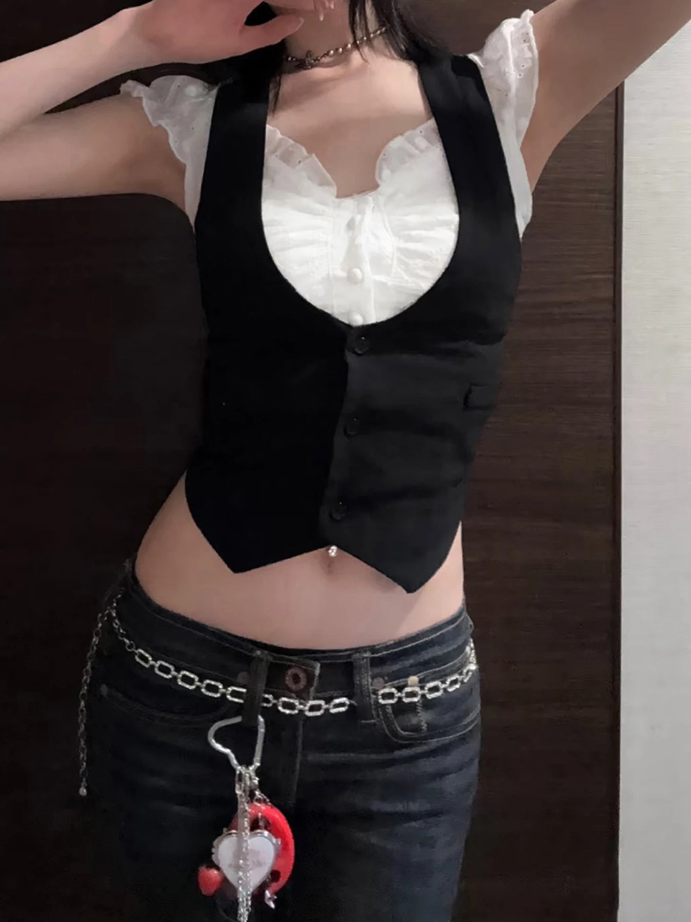 fashionFake Two Pieces Color Contrast T-shirt Button Slim Sexy Casual Crop Top Streetwear Basic Sweet Bodycon Clothings