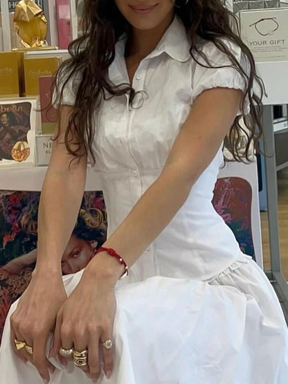 fashion Casual Solid Tee Shirts for Women Turn-down Collar Button Up Corset Blouses Korean Short Sleeves Fashion Cute Tops