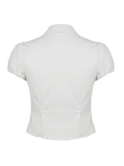 fashion Casual Solid Tee Shirts for Women Turn-down Collar Button Up Corset Blouses Korean Short Sleeves Fashion Cute Tops