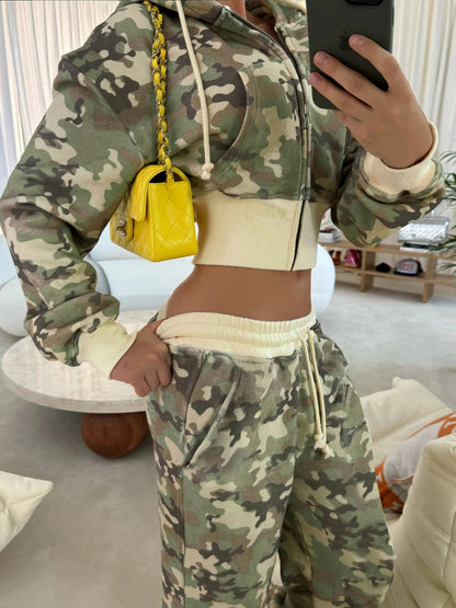 fashion Camouflage Hoodie Coats for Women Chic Fashion Front-pockets Casual Sweatshirts Winter Long Seelves Cute Jackets