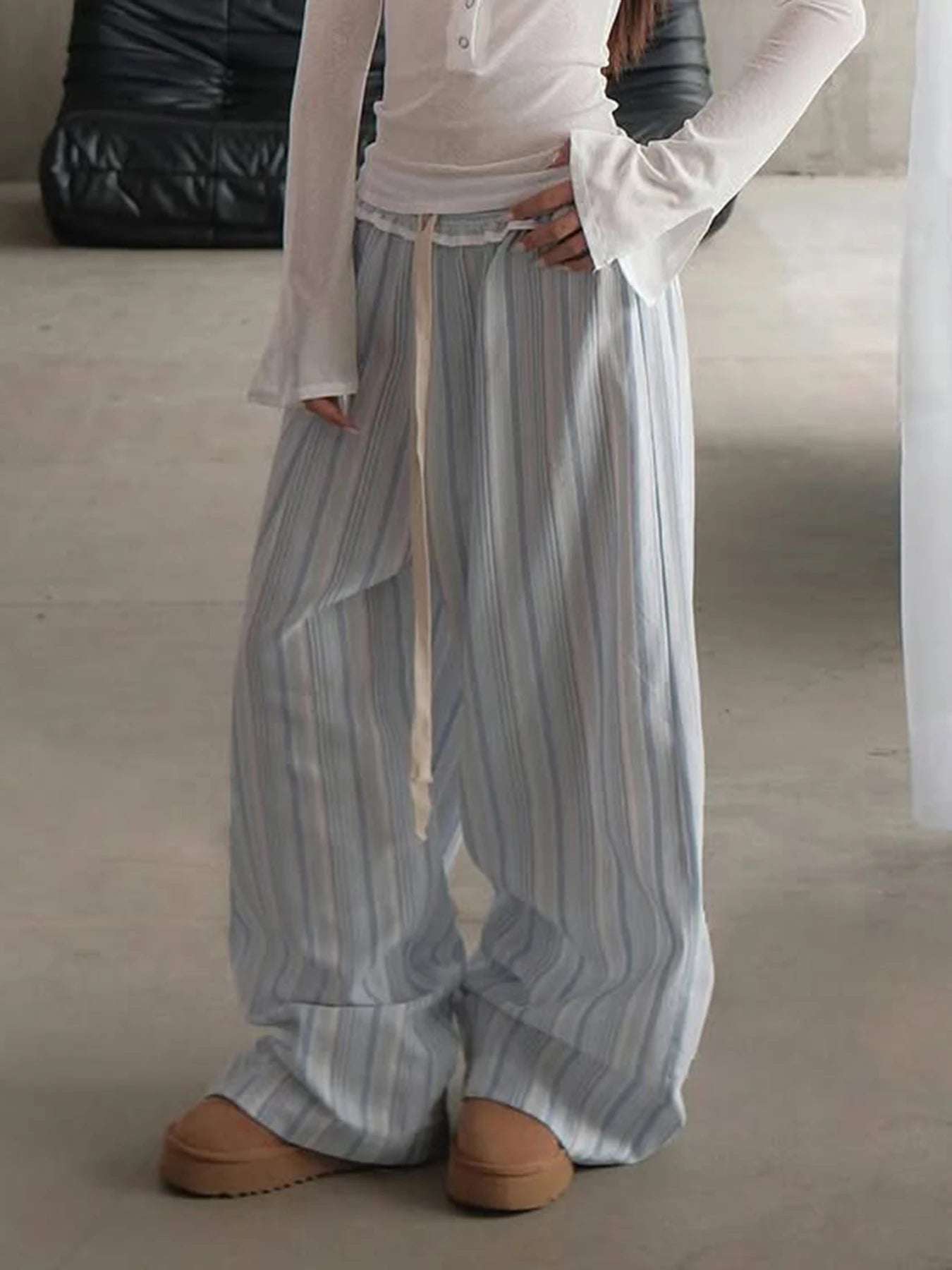 fashion Stringy Selvedge Stripe Casual Pants Drawstring Basic All-match Vintage Blue Chic Trousers Vacation Loose Bottoms