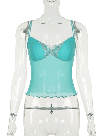 fashionButterfly Mesh Sexy Backless Camisole Solid Halter Vintage Chic Streetwear Slim Tops Hottie Sleeveless Bustiers