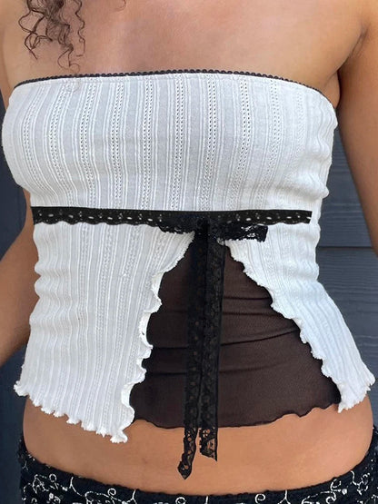 fashion Lace Patchwork Mesh Bow Lace-up Camisole Sleeveless Summer Sexy Slim Chic Cropped Tops Vintage Elastic Clothings