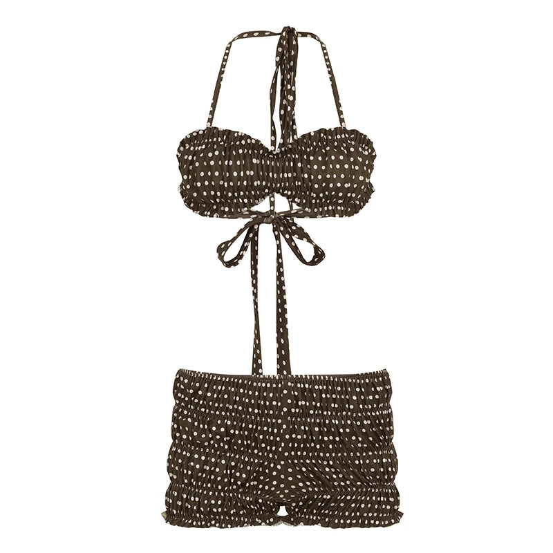 fashion Sexy Polka Dot Bow Fold Halter Neck Suit Bodycon Aesthetic Vintage Sleeveless Set Elastic Vacation Crop Outfits