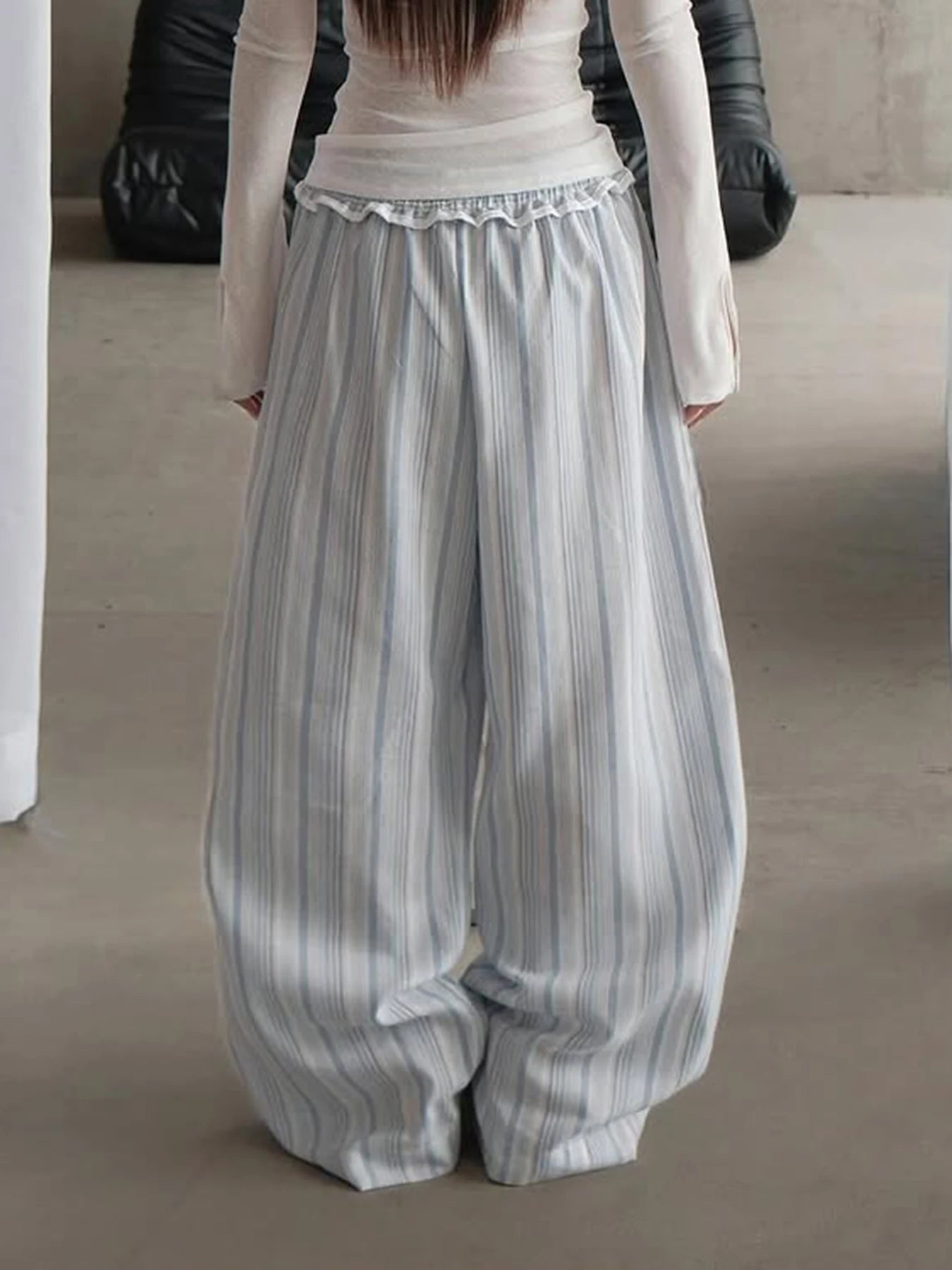 fashion Stringy Selvedge Stripe Casual Pants Drawstring Basic All-match Vintage Blue Chic Trousers Vacation Loose Bottoms