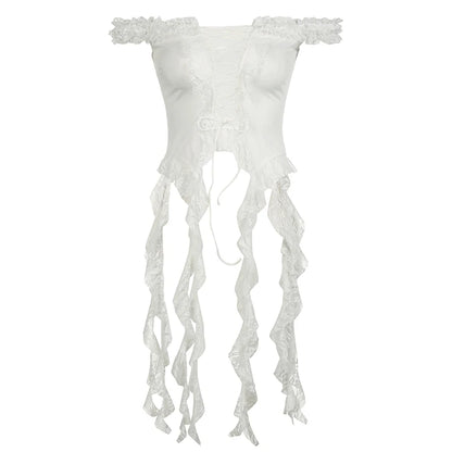 fashion Lace Patchwork Vacation Bandage Tops Sleeveless Sexy Chic Vintage Shirts Streetwear Slim Solid Bodycon Bustiers