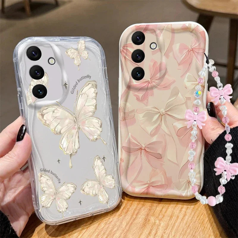 Pink Bow Butterfly Charm Case For Samsung Galaxy A56 A55 5G A15 A54 A16 A17 A07 A35 A26 A36 S25 S24 Ultra S23 FE S22 S21 Plus