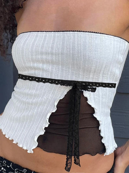 fashion Lace Patchwork Mesh Bow Lace-up Camisole Sleeveless Summer Sexy Slim Chic Cropped Tops Vintage Elastic Clothings