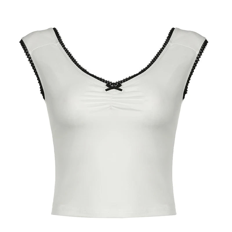 fashionLace Patchwork Fold Bow Vest Basic V-neck 90s Streetwear Casual All-match Crop Tops Slim Vintage 90s Chic Outfits