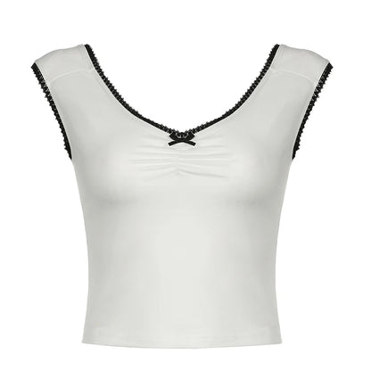 fashionLace Patchwork Fold Bow Vest Basic V-neck 90s Streetwear Casual All-match Crop Tops Slim Vintage 90s Chic Outfits