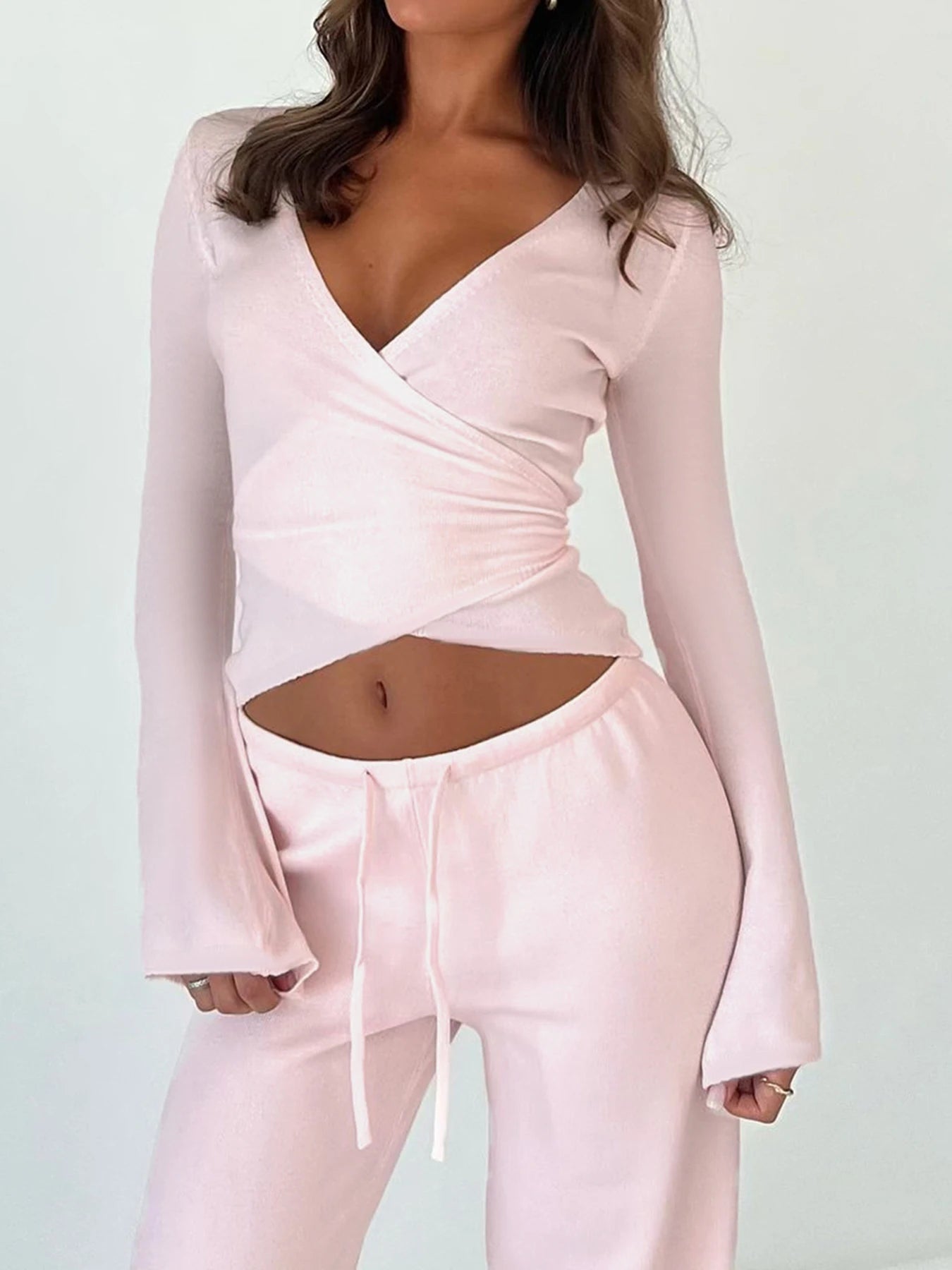 fashionBasic Solid Slim Lace-up Tee Shirts Long Sleeves V-neck Casual Chic Clothes Sporty Streetwear Four Color Knit Tops