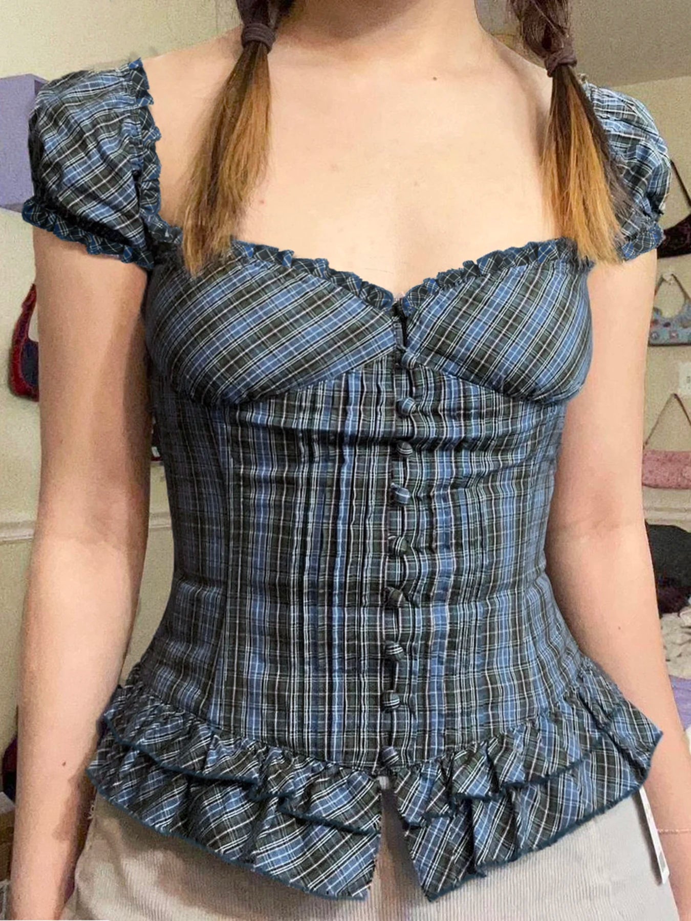 fashionFrench Plaid Print Slim Sexy Blouses Square Collar Button Chic Bodycon Hottie Top Vintage Fashion Fold Clothes