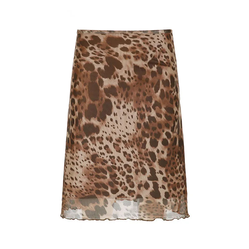 fashion Vintage Leopard Print Y2K Skirts Two-layers Aesthetic 90s Straight Bottoms Fashion Cute Elastic Waist Chic Skirts