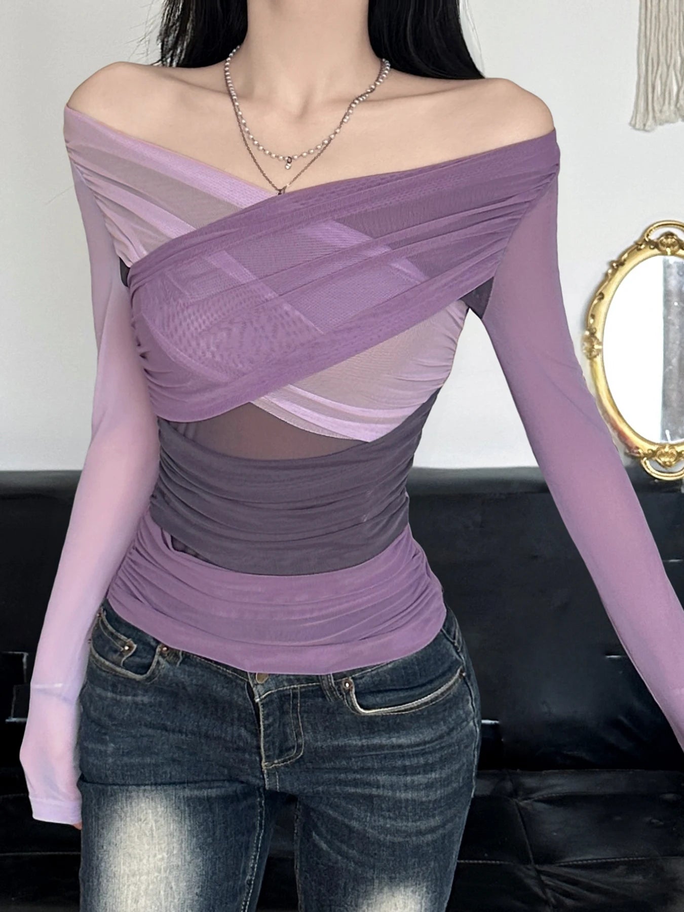 fashion Patchwork Asymmetry Slim Tee Shirts Long Sleeves V-neck Aesthetic Fashion Clothes Vintage Solid Women's Streetwear