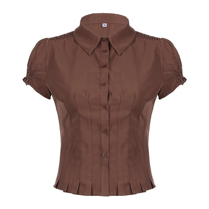 fashion Button Fold Solid Shirring T-shirt Casual Streetwear Vintage Chic Short Sleeved Summer Tees Brown 90s Slim Blouses